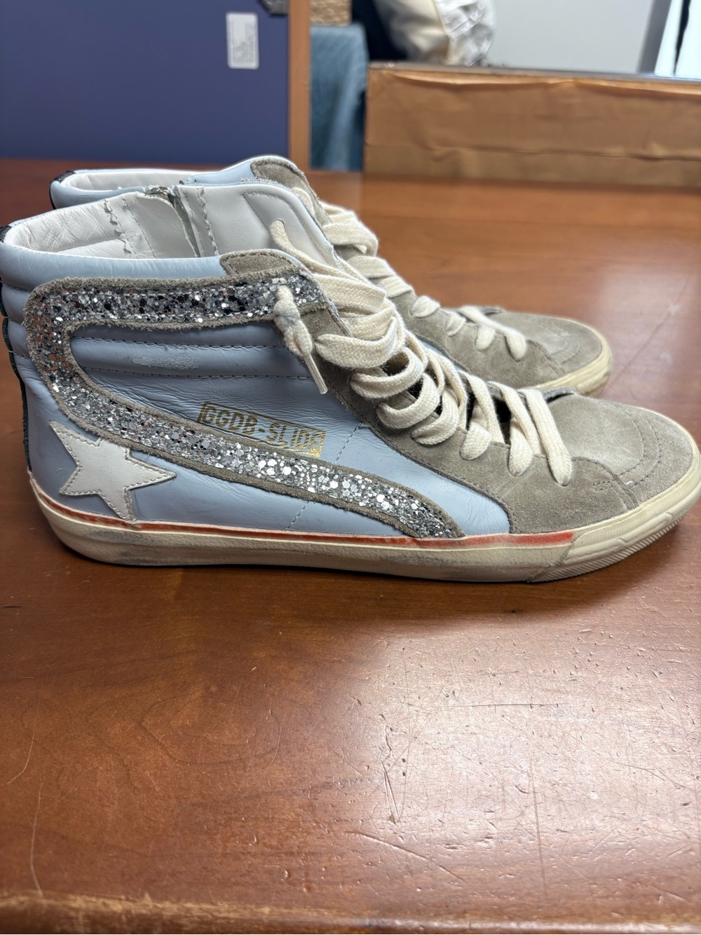 Golden Goose Light Blue and Gray High-Top Sneakers with Silver Glitter Trim
